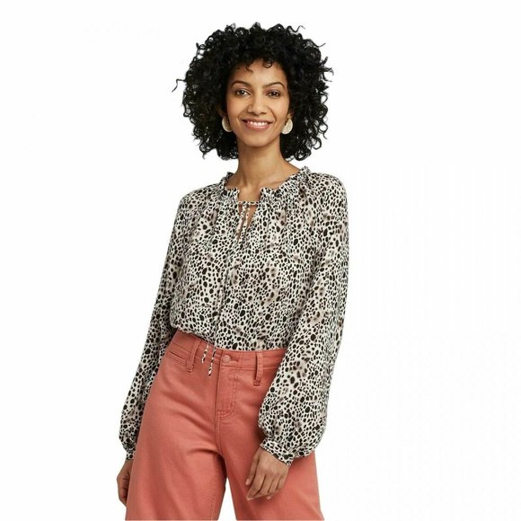 a new day Tops - A New Day Slim Fit Leopard Print Bishop L/S Blouse